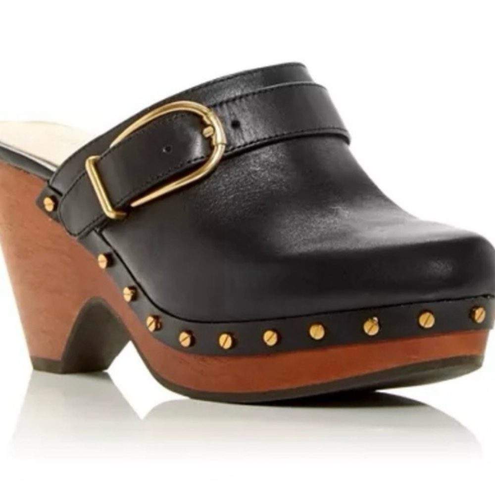 Veronica Beard Hendrix Black Leather
Studded Wooden Clogs